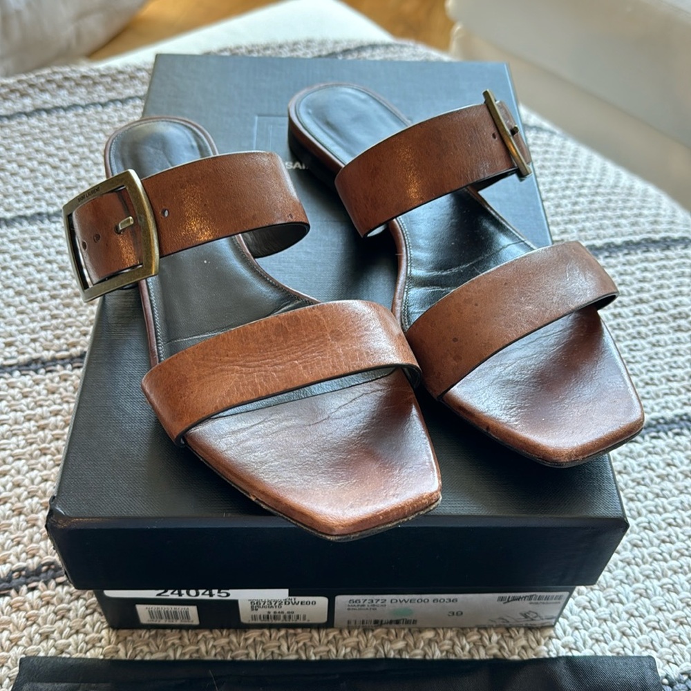 Authentic Saint Laurent double strap sandal in Oak